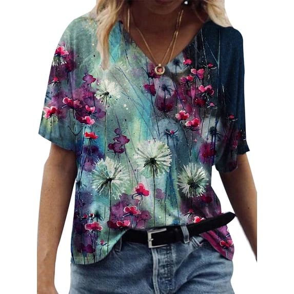 JustVH Women's Printed Short Sleeve T-shirt Casual V-Neck Loose Fit Tops
