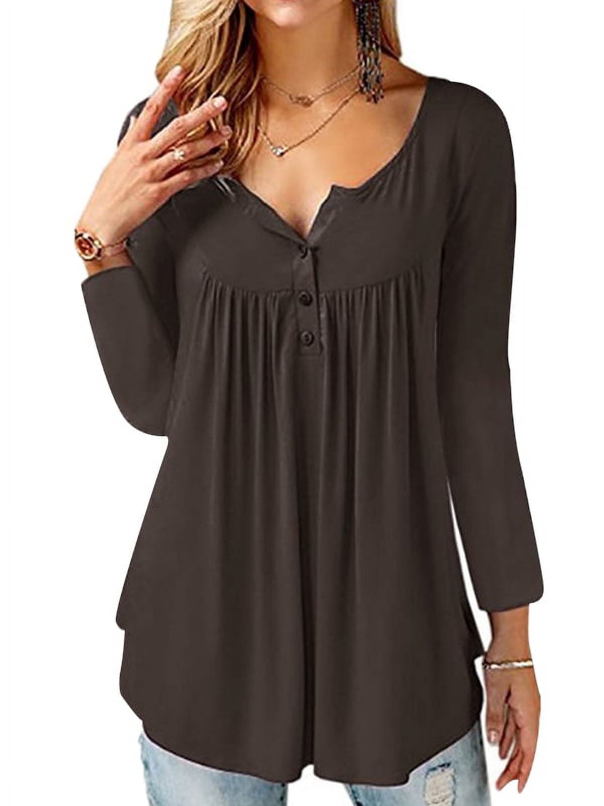 Women's Floral Print Short Sleeve Henley Blouse - V-Neck Pleated Tunic Top, Black, Size M - View #8