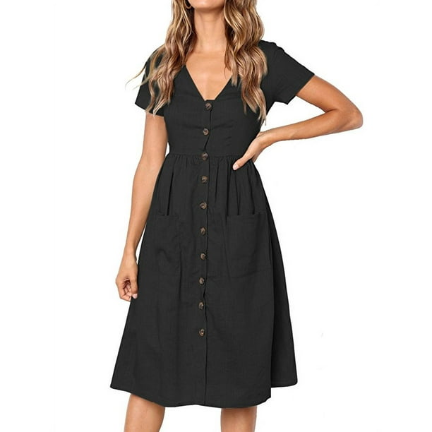 JustVH Women's V-Neck Casual Decorative Button Swing Midi Dress with ...