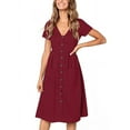 thumbnail image 1 of JustVH Women's V-Neck Casual Decorative Button Swing Midi Dress with Pockets, 1 of 3