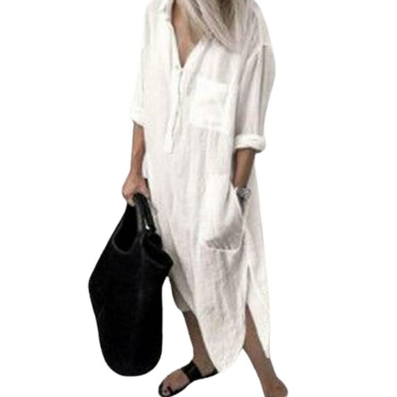 JustVH Womens Cotton Linen Long Sleeve Casual Blouse Loose Shirt Dress with Pockets