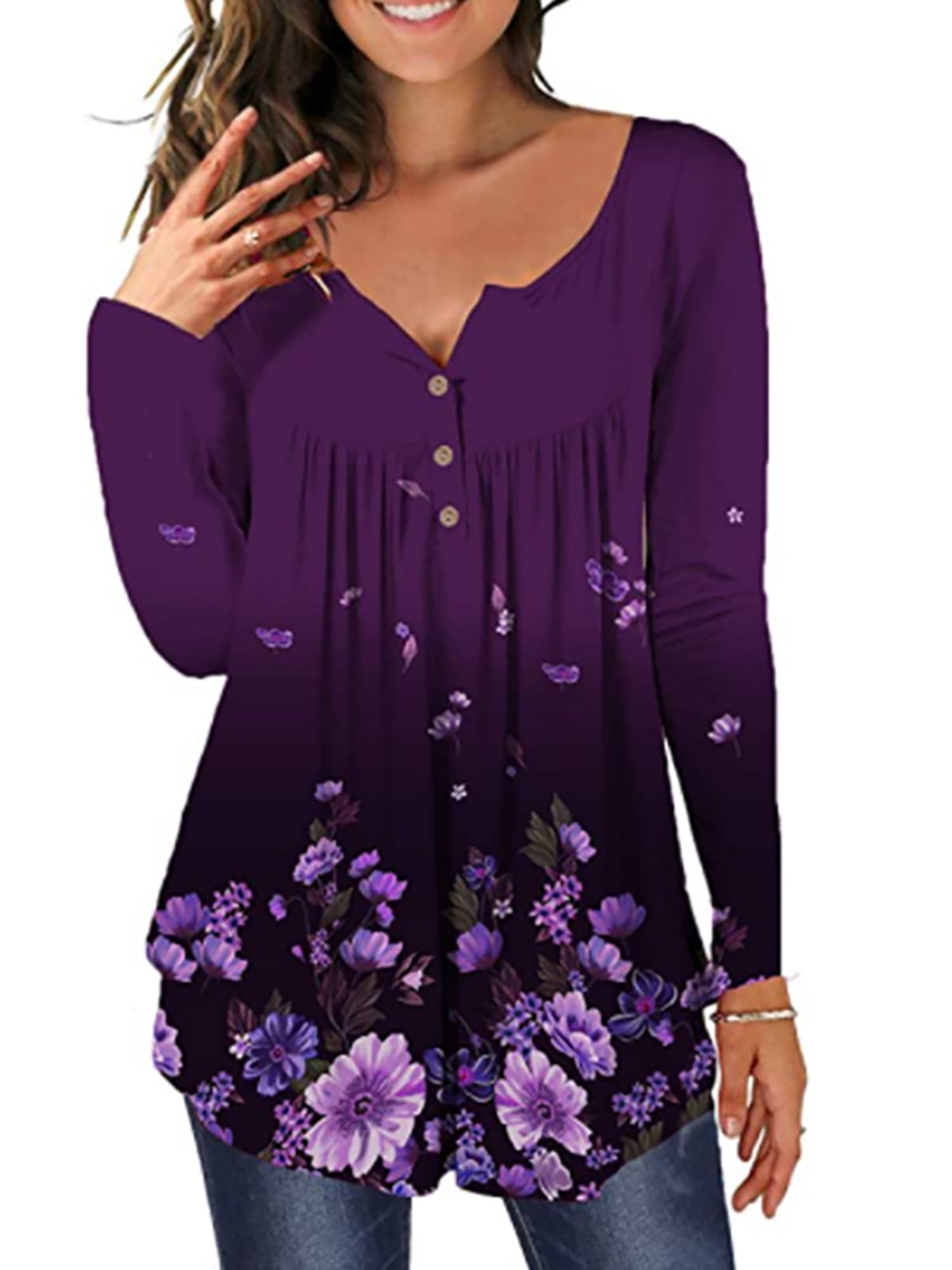 VISLILY Women's Plus Size Henley Top – Flowy Floral Tunic With Pleated Detail (Size 26 Plus)