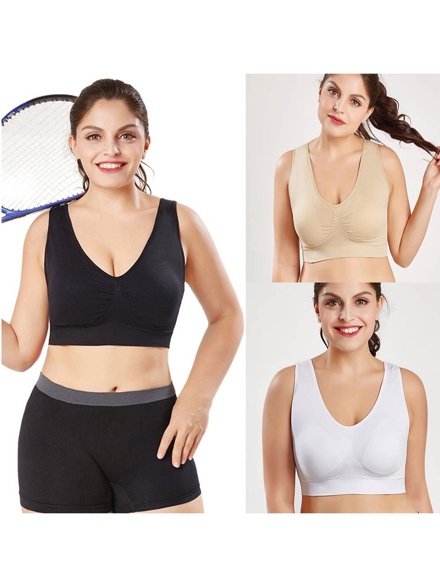 JustVH Womens Plus Size Solid Color Sports Bra Cup Tops 3pcs