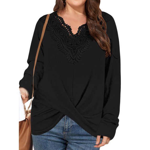 JustVH XL-6XL Long Sleeve Tops for Women Essential Lace Splice Twist Jersey T Shirt