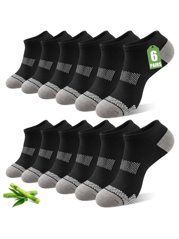 6 Pairs Bamboo Ankle Socks for Men, Wide Forefoot Athletic Running Breathable Low Cut Socks, Black Men Socks Size 10-13