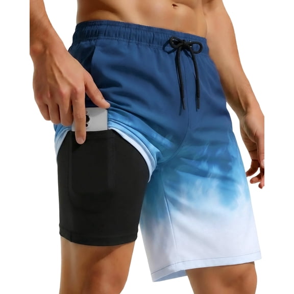 Justay Story Mens Swim Trunks 9" with 2 in 1 Compression Breathable Liner Zipper Pockets Quick Dry Swim Bathing Suit Summer Beach Shorts, Size S-2XL