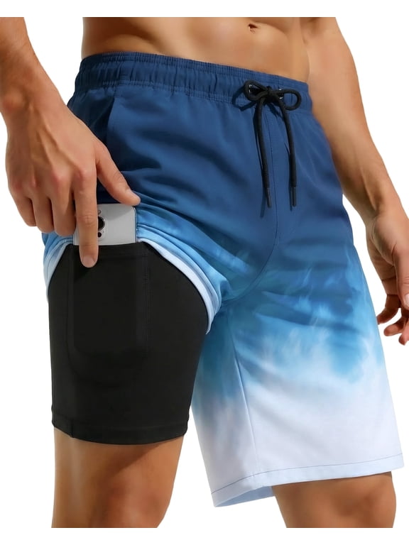 Mens Swim Trunks 9" with 2 in 1 Compression Breathable Liner Zipper Pockets Quick Dry Swim Bathing Suit Summer Beach Shorts, Size S-2XL
