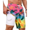 thumbnail image 1 of Justay Story Mens Swim Trunks 9" with 2 in 1 Compression Breathable Liner Zipper Pockets Quick Dry Swim Bathing Suit Summer Beach Hawaiian Shorts, Size S-2XL, 1 of 8