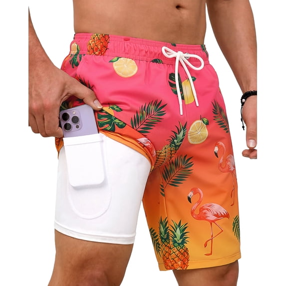 Justay Story Mens Swim Trunks 9" with 2 in 1 Compression Breathable Liner Zipper Pockets Quick Dry Swim Bathing Suit Summer Beach Hawaiian Shorts, Size S-2XL