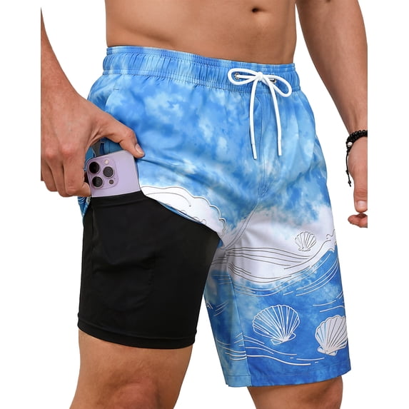 Justay Story Mens Swim Trunks 9" with 2 in 1 Compression Breathable Liner Zipper Pockets Quick Dry Swim Bathing Suit Summer Beach Hawaiian Shorts, Size S-2XL