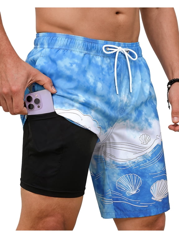 Mens Swim Trunks 9" with 2 in 1 Compression Breathable Liner Zipper Pockets Quick Dry Swim Bathing Suit Summer Beach Hawaiian Shorts, Size S-2XL