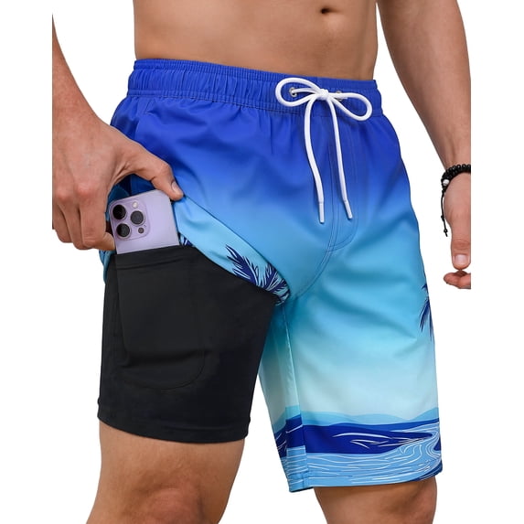 Justay Story Mens Swim Trunks 9" with 2 in 1 Compression Breathable Liner Zipper Pockets Quick Dry Swim Bathing Suit Summer Beach Hawaiian Shorts, Size S-2XL