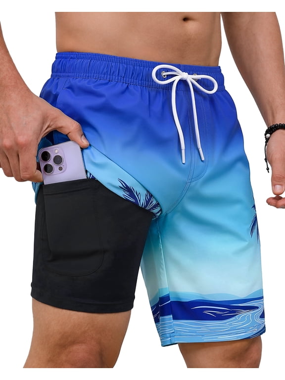 Mens Swim Trunks 9" with 2 in 1 Compression Breathable Liner Zipper Pockets Quick Dry Swim Bathing Suit Summer Beach Hawaiian Shorts, Size S-2XL