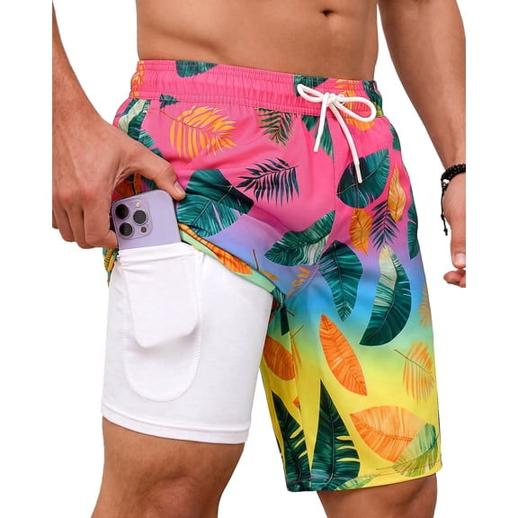 Justay Story Mens Swim Trunks 9" with 2 in 1 Compression Breathable Liner Zipper Pockets Quick Dry Swim Bathing Suit Summer Beach Hawaiian Shorts, Size S-2XL