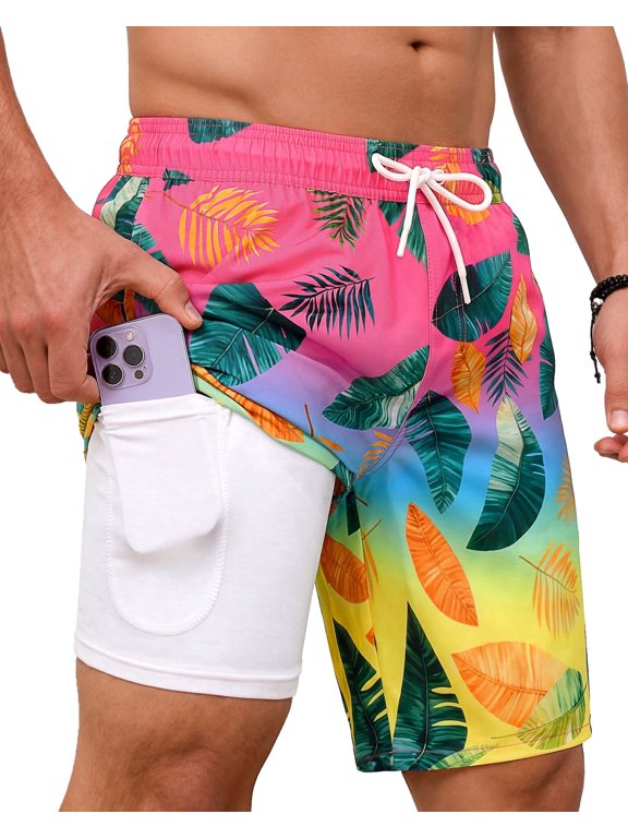 Mens Swim Trunks 9" with 2 in 1 Compression Breathable Liner Zipper Pockets Quick Dry Swim Bathing Suit Summer Beach Hawaiian Shorts, Size S-2XL