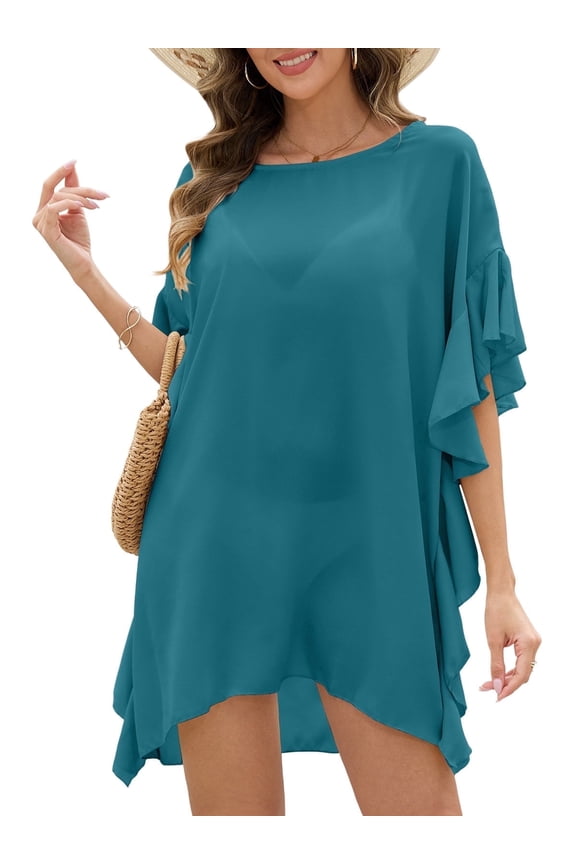 Womens Swimsuit Cover Up Bathing Beach Vacation Swim Coverup for Women Batwing Sleeves