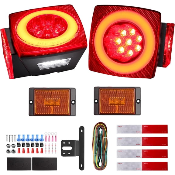Justech Submersible LED Trailer Light Kit Square Boat Trailer Lights+2 Side Markers with 26FT Wiring Harness Reflective Stickers Combined Stop Turn Tail License Lights for Boat Trailer 12V