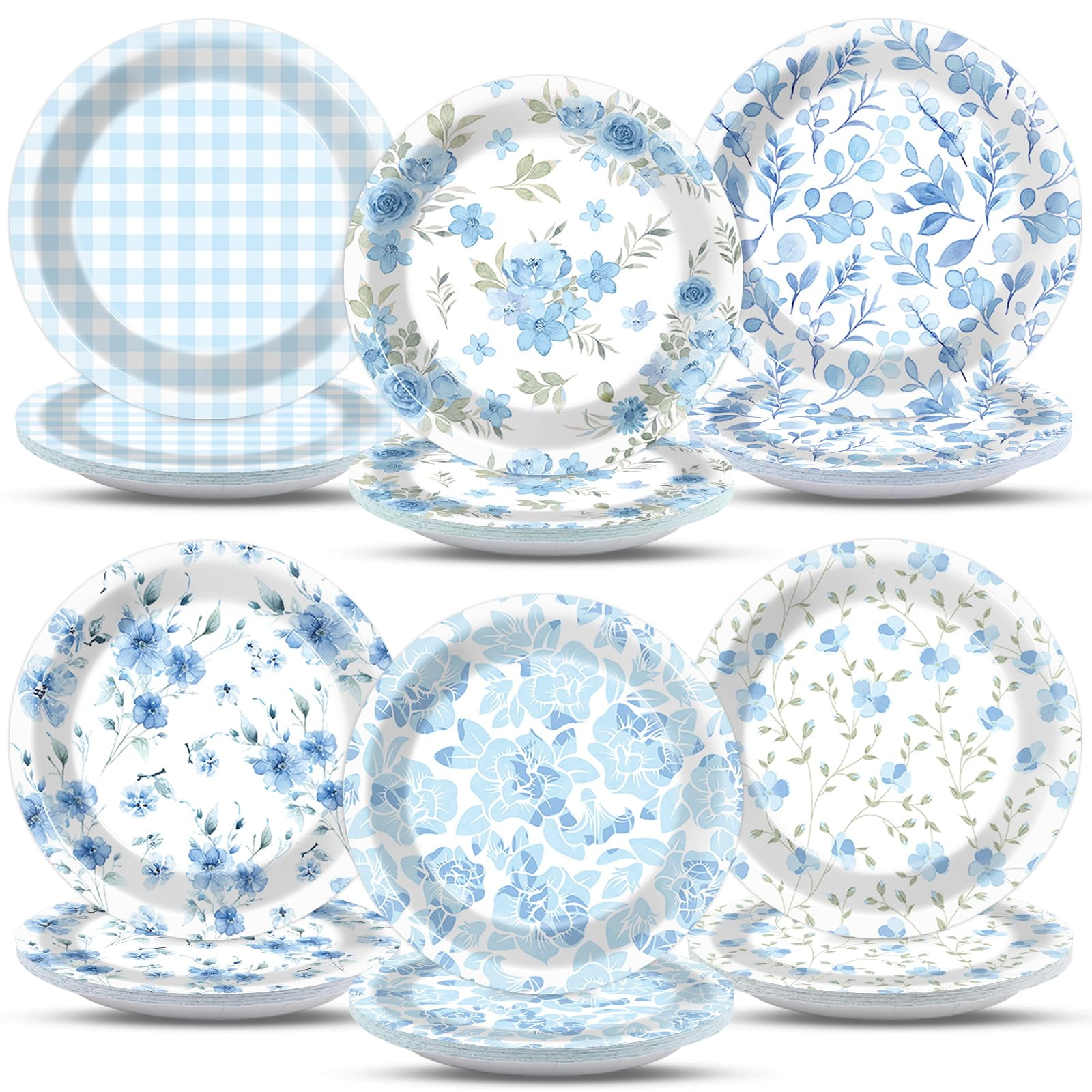 Justforjoyful 48pcs Spring Blue Floral Paper AFN1Plates Tea Party Decorations Disposable Vintage Flower Party Dinnerware Tableware Set 7 Inch