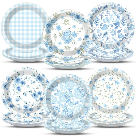 Justforjoyful 48pcs Spring Blue Floral Paper AFN1Plates Tea Party Decorations Disposable Vintage Flower Party Dinnerware Tableware Set 7 Inch