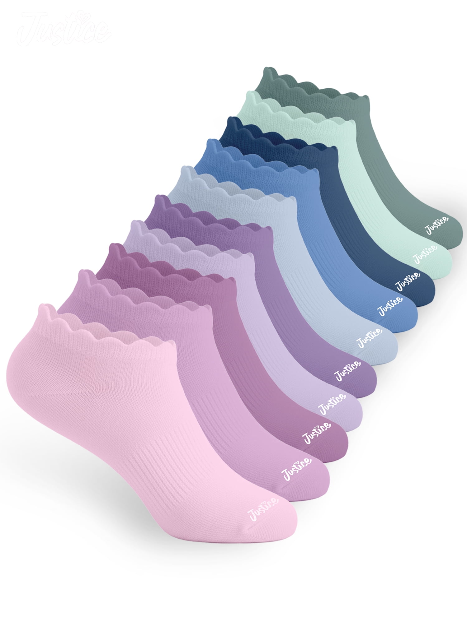 Justice Cushion No Show Socks for Girls with Scallop Edge for All Day Wear, 10 pk Pink Multi Color