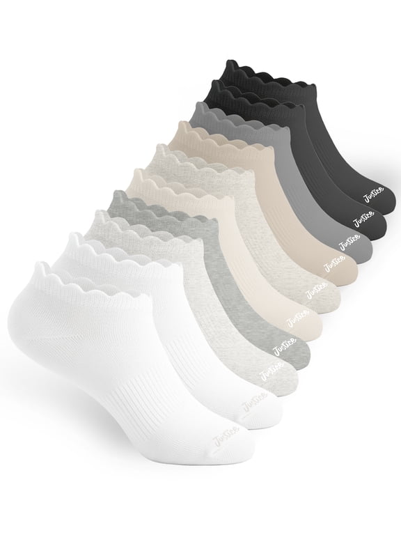 Cushion No Show Socks for Girls with Scallop Edge for All Day Wear, 10 pk White Multi Color