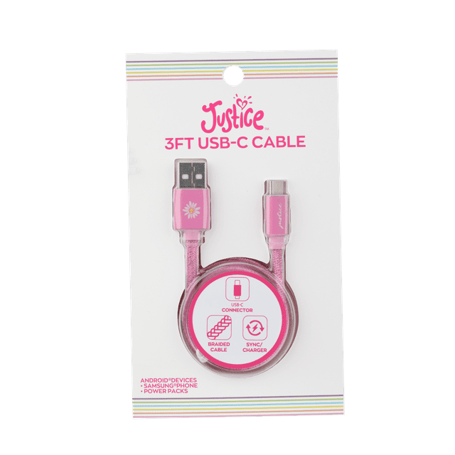 Justice 3 ft Braided Lightning to USB-C Charge And Sync iPhones Cable Pink Flower Glitter