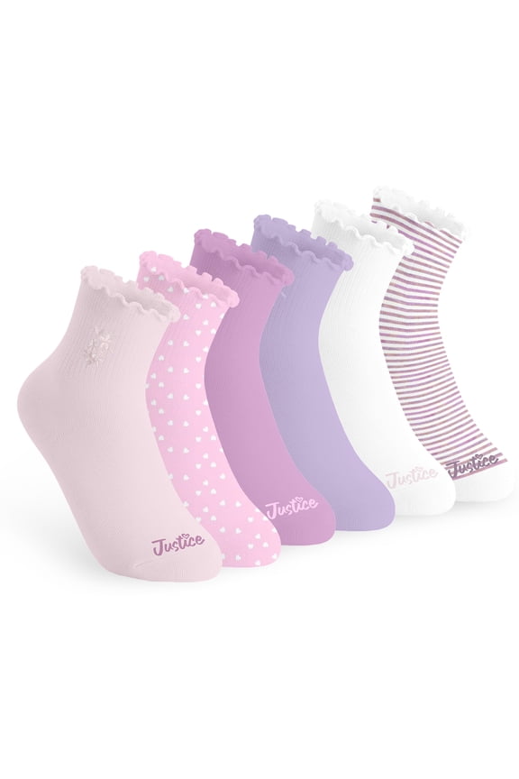 Boyfriend Rib Ankle Socks for Girls with Lettuce Edge Anklet, 6 pk Pink Multi Color