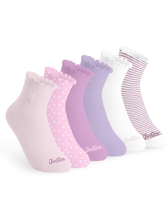 Boyfriend Rib Ankle Socks for Girls with Lettuce Edge Anklet, 6 pk Pink Multi Color
