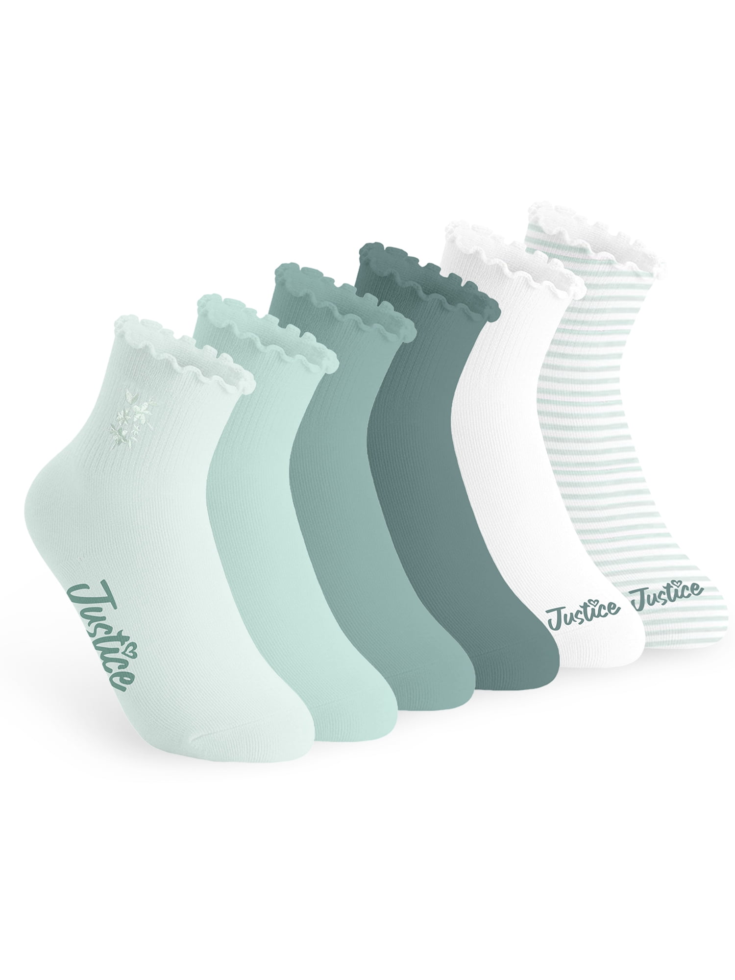 Justice Boyfriend Rib Ankle Socks for Girls with Lettuce Edge Anklet, 6 pk Green