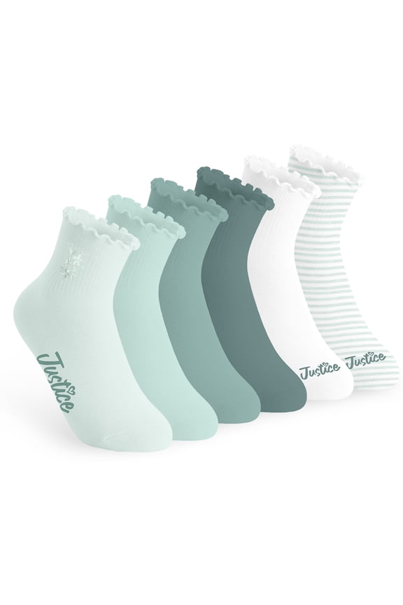 Boyfriend Rib Ankle Socks for Girls with Lettuce Edge Anklet, 6 pk Green