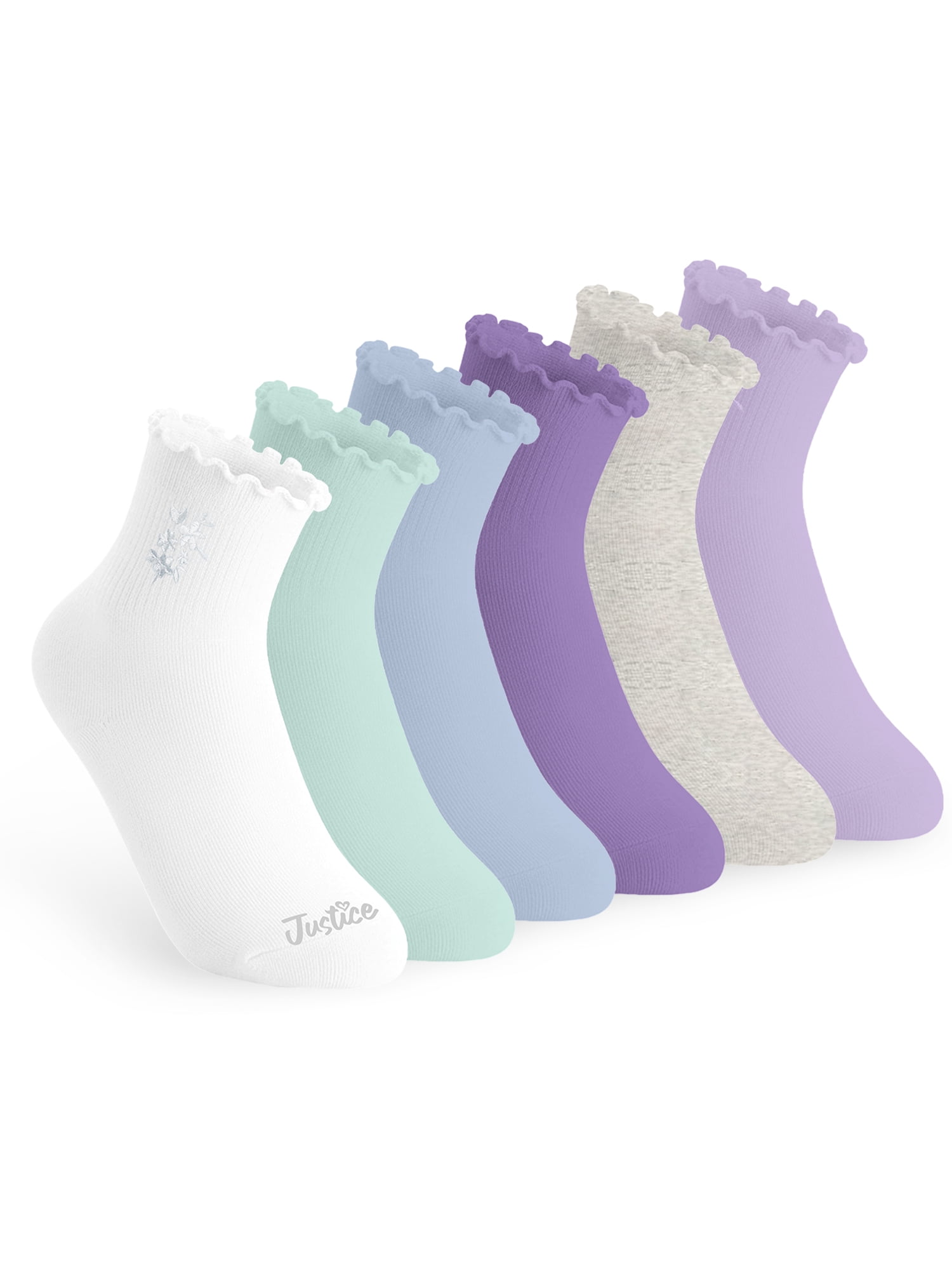 Justice Boyfriend Rib Ankle Socks for Girls with Lettuce Edge Anklet, 6 pk Multi Color