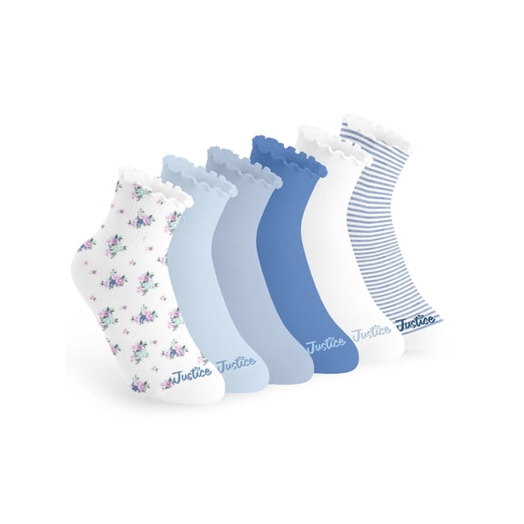 Justice Boyfriend Rib Ankle Socks for Girls with Lettuce Edge Anklet, 6 pk Blue