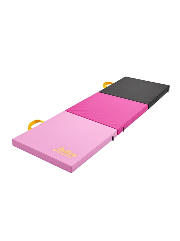 6ft Three Panel Folding Gymnastics Mat with Carry Handles, Multi Color Pink, 1.5-inch Thickness