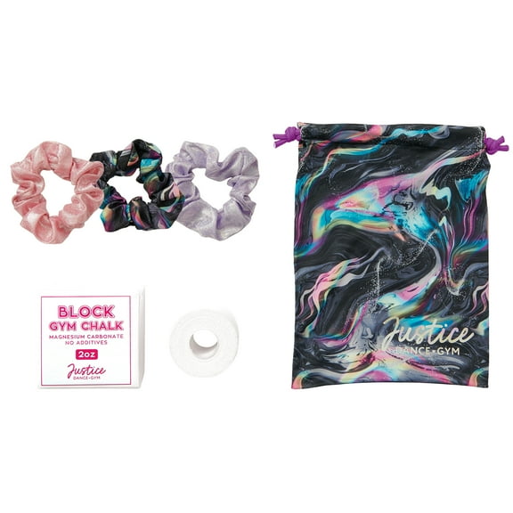 Justice 6PC Gymnastics Essential Set- Includes Gym Grip Bag, Chalk, Tape & 3 Scrunchies, Multi-Colors, Ages 6+