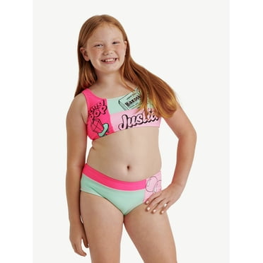 Justice Bazooka Logo Girls 2 piece Bikini Swimsuit, Sizes 5-18