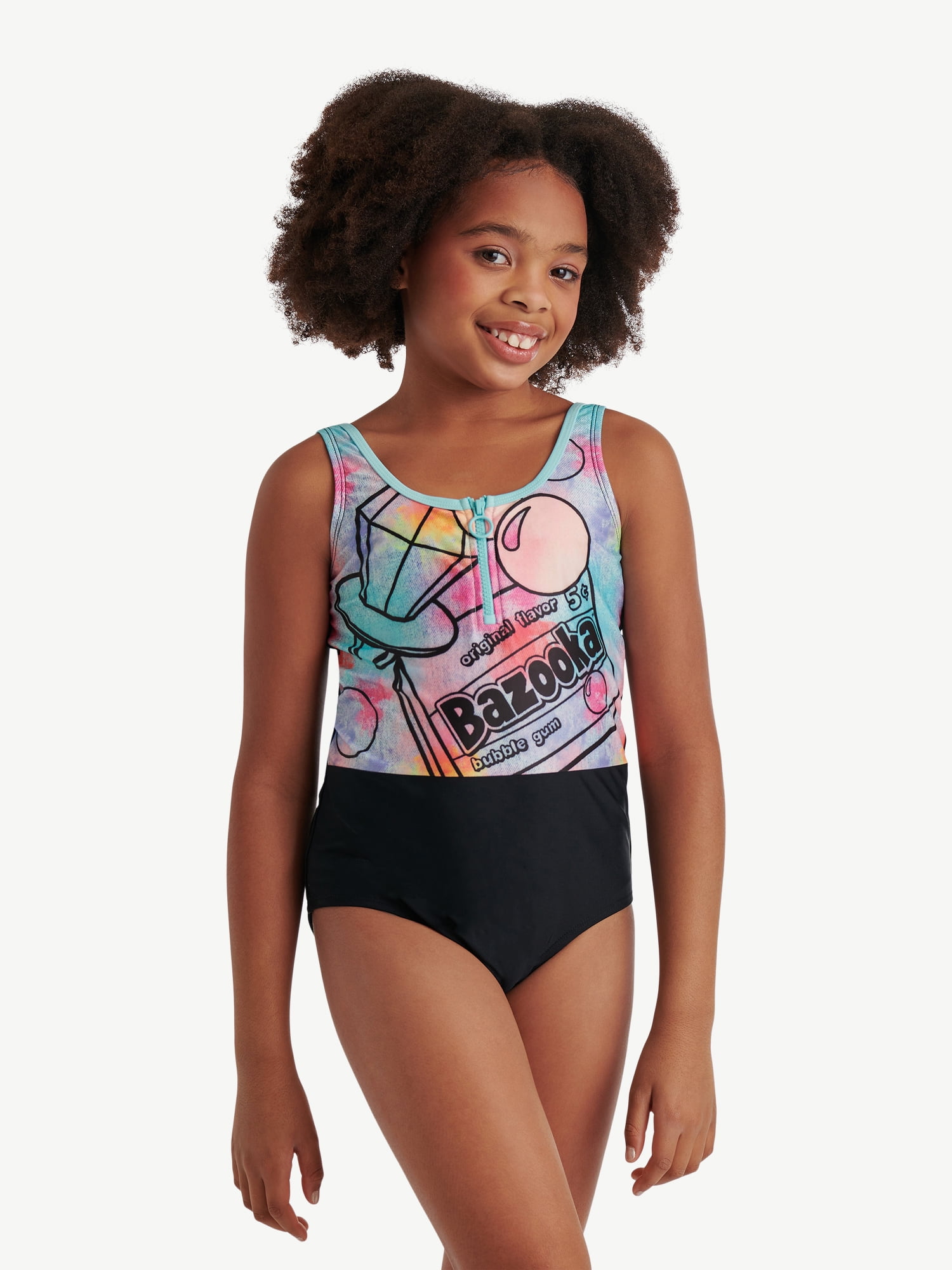 Justice Bazooka Logo Girls One-Piece Zip front Swimsuit, Sizes 5