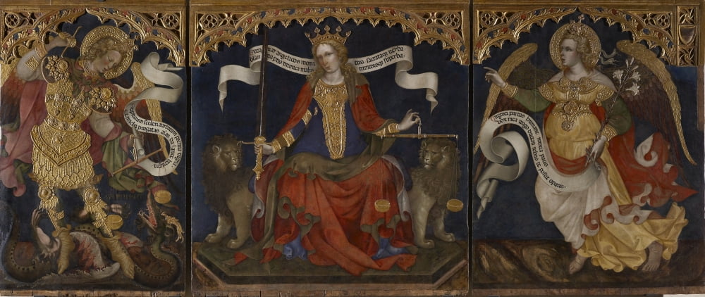 Justice Between The Archangels Michael And Gabriel Canvas Art - (24 x 18)
