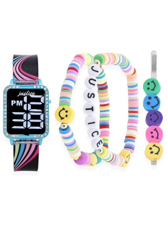 Justice Black Rainbow Strap LED Watch with Silicone Strap with Happy Face Bracelet Set
