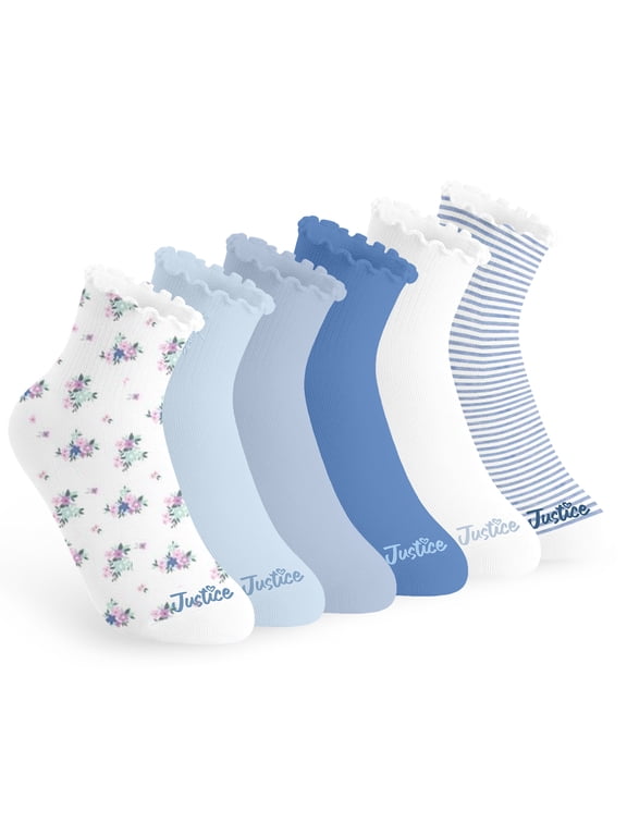 Boyfriend Rib Ankle Socks for Girls with Lettuce Edge Anklet, 6 pk Blue