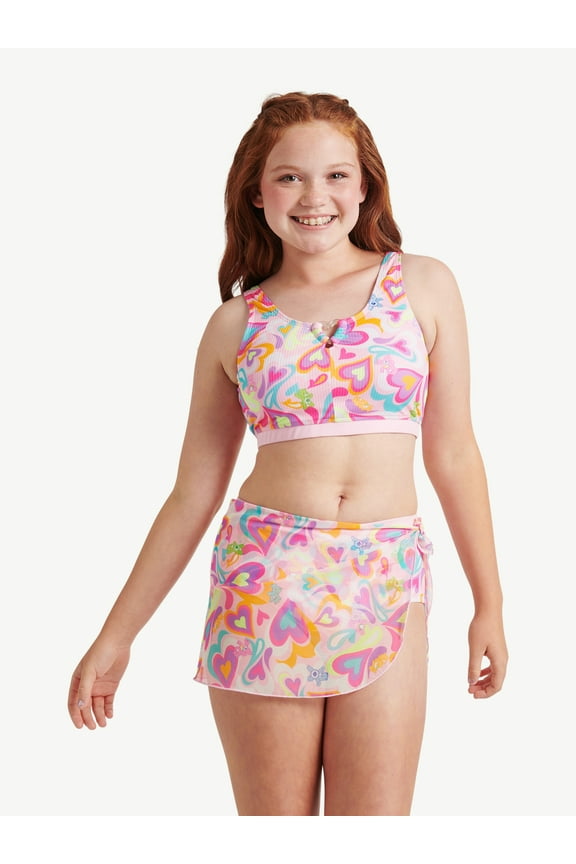 Care Bears 3-Piece Bikini with Cover Up Skirt Swimsuit, Sizes 5-18