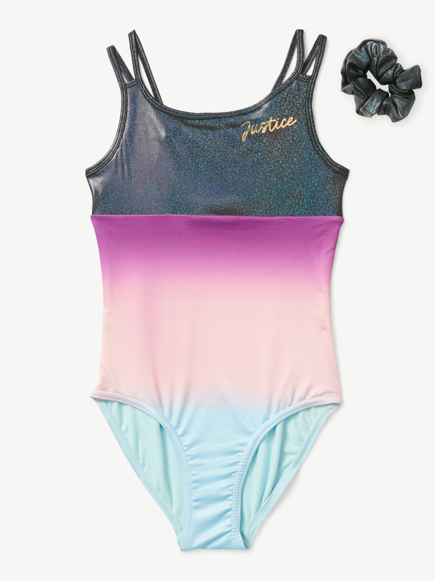 Justice Girls Ombre Macrame Back Dance and Gymnastics Leotard with Scrunchie, Sizes XS-XL
