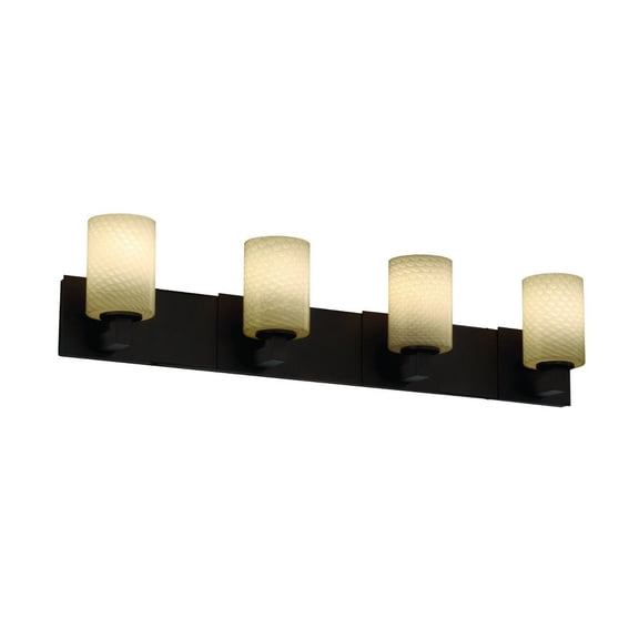 Justice Design FSN-8924-10-WEVE-NCKL Fusion Modular - 4 Light Bath Bar with Cylinder/Flat Rim Weave Glass Shade Brushed Nickel Incandescent Dark Bronze Finish