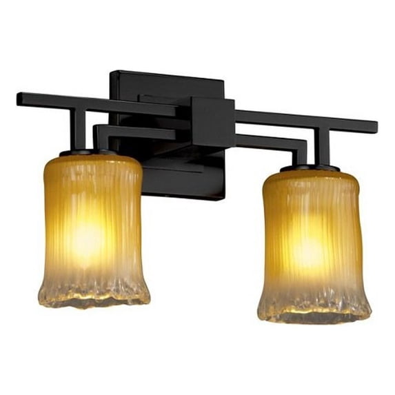 Justice Design GLA-8702-16-GLDC-MBLK-LED2-1400 Veneto Luce Aero - 2 Light Bath Bar with Cylinder/Rippled Rim Gold/Clear Rim Venetian Glass Matte Black LED Polished Chrome Finish
