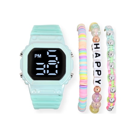 Justice Kids Watch with Turquoise Silicone Strap and 3 Bracelets, 4-Piece Set