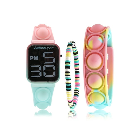 Justice Female Child Silicone Watch Bracelet Set in Pastel Colors Popper Fidget Band