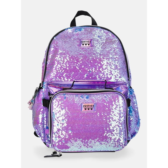 Justice Girls 17" Iridescent Sequin Backpack & Lunch Tote Set, Purple
