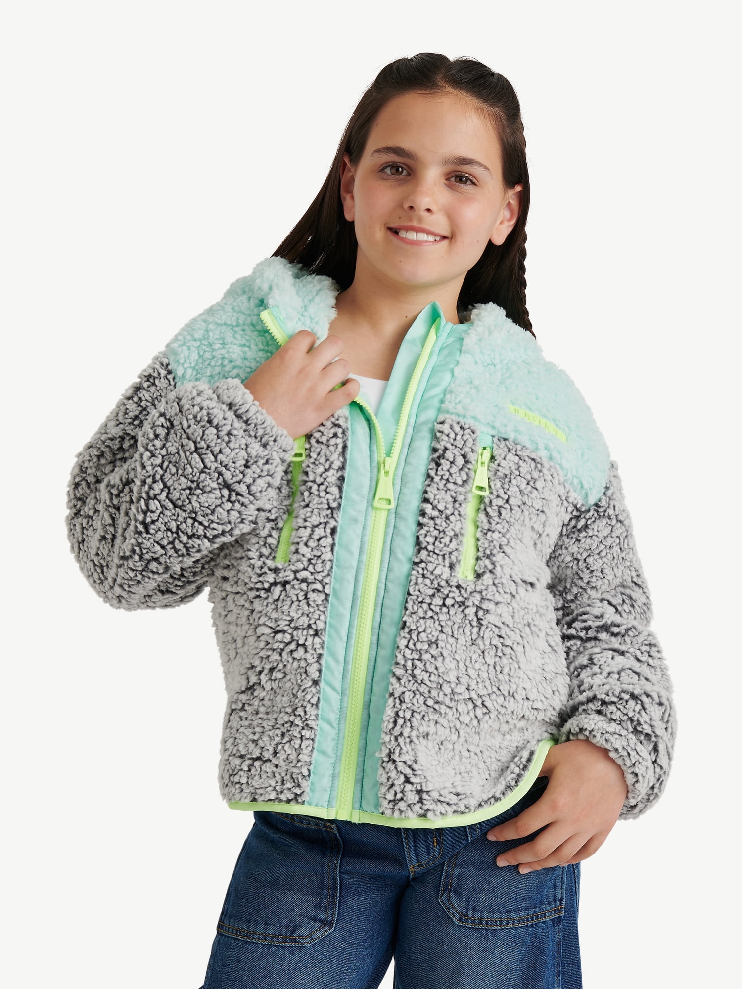 Justice Girl's Colorblock Sherpa Jacket with Hood, Sizes XS