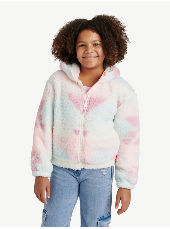 Girl's Full Zip Aztec Print Sherpa Jacket with Hood, Sizes XS - XL
