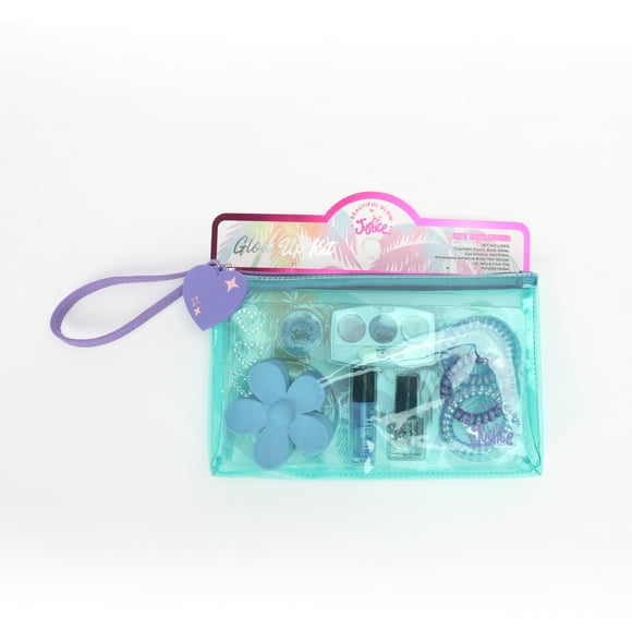 Justice Girl's Glow Up Kit and Wristlet Pouch Set, 10-Piece Set, Teal/Purple