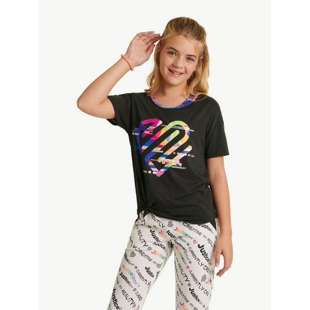 Justice Girl's JSport Short Sleeve Side Tie 2Fer, Sizes XSXLP
